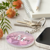 Faux Glitter Pink, geborsteld metaal, monogrammen Sleutelhanger (Voorkant Rechts)