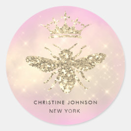 Faux Glitter Queen Bee logo op Roze Ronde Sticker