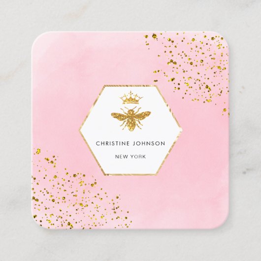 Faux glitter queen bee logo op roze waterverf vierkante visitekaartje (Voorkant)