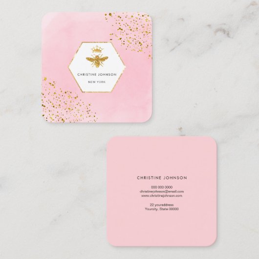 Faux glitter queen bee logo op roze waterverf vierkante visitekaartje (Voorkant / Achterkant)