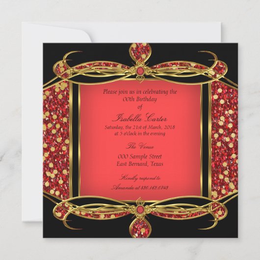 Faux Glitter Red Gold Black Birthday Party Kaart (Voorkant)