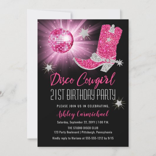 Faux Glitter Roze Disco Cowgirl 21 Verjaardagsfees Kaart (Voorkant)