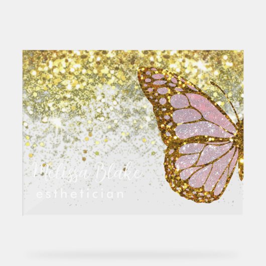 faux glitter roze vlinder acryl bord (Voorkant)