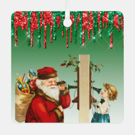Faux Glitter  Santa and Girl op telefoon Metalen Ornament