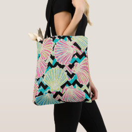 Faux Glitter Seashells Chevron Tote Bag
