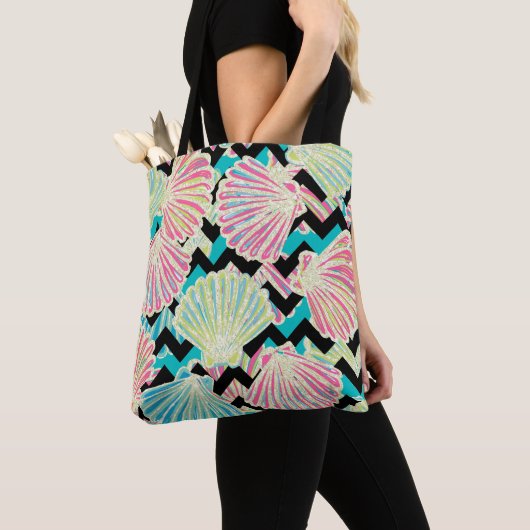 Faux Glitter Seashells Chevron Tote Bag (Dichtbij)