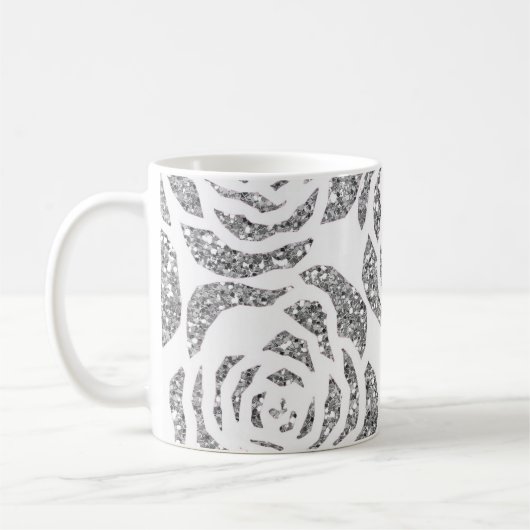 Faux Glitter Silver Grey Rozen White Coffee Mok (Links)