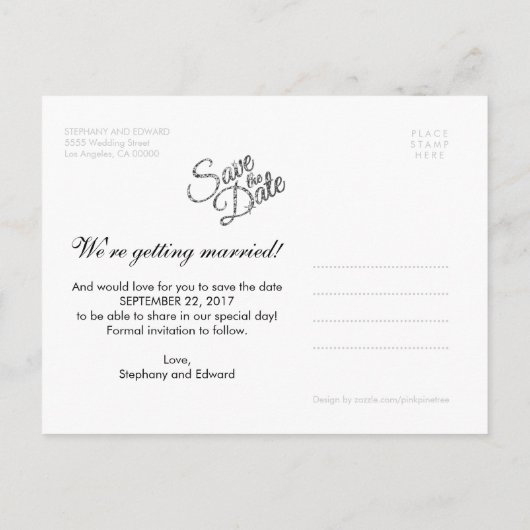 Faux Glitter Silver Save the Date Photo Briefkaart (Achterkant)