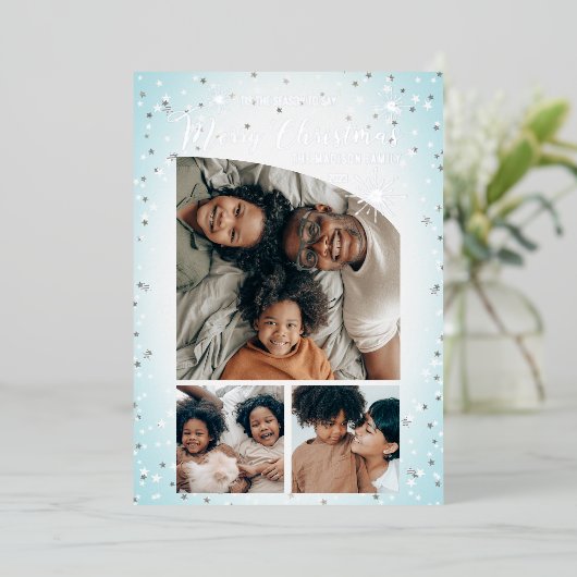 Faux Glitter Tapered Top 3 Fotoliefkerst Folie Feestdagenkaart (Staand Voorkant)