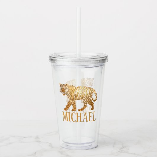 Faux Glitter Tiger gepersonaliseerde naam Acryl Drinkbeker (Voorkant)