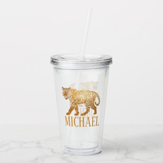 Faux Glitter Tiger gepersonaliseerde naam Acryl Drinkbeker (Achterkant)