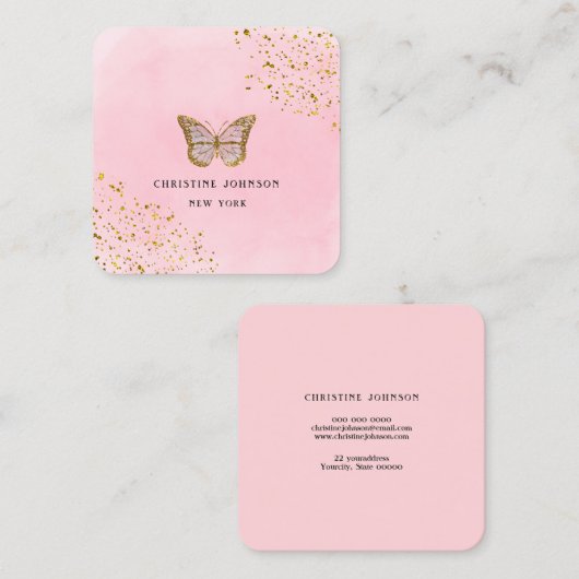 Faux glitter vlinder op roze waterverf vierkante visitekaartje (Voorkant / Achterkant)
