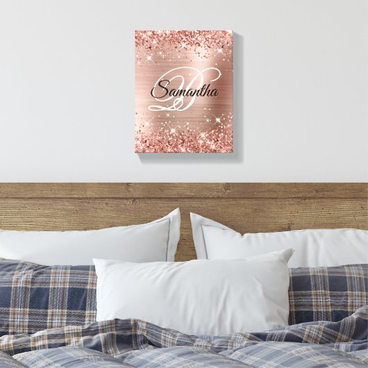 Faux Glittery Roos Gold Foil Fancy Monogram Canvas Afdruk (Insitu (Slaapkamer))