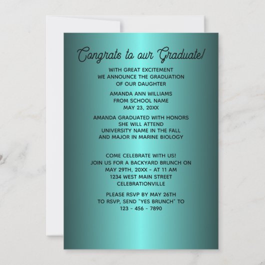 Faux Glossy Blauwgroen Blue Green Afstuderen Aankondiging (Achterkant)