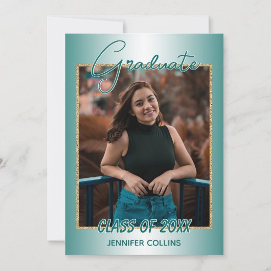 Faux Glossy Blauwgroen Green Gold Glitter Afstuder Aankondiging (Voorkant)