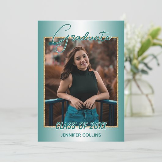 Faux Glossy Blauwgroen Green Gold Glitter Afstuder Aankondiging (Staand voorkant)