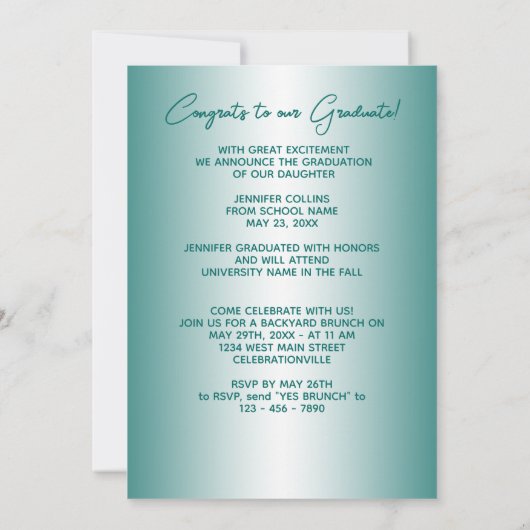 Faux Glossy Blauwgroen Green Gold Glitter Afstuder Aankondiging (Achterkant)