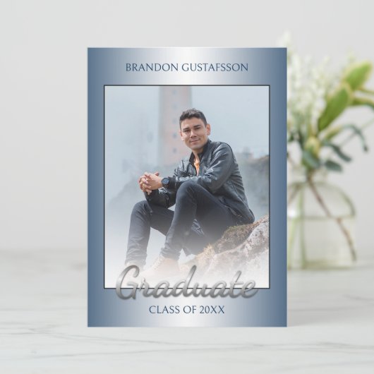 Faux Glossy Blue Silver Grey Afstuderen Aankondiging (Staand voorkant)