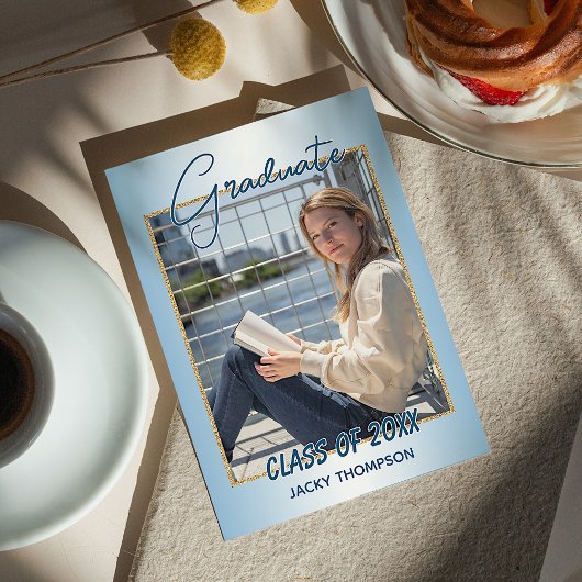 Faux Glossy Light Blue Afstuderen Aankondiging