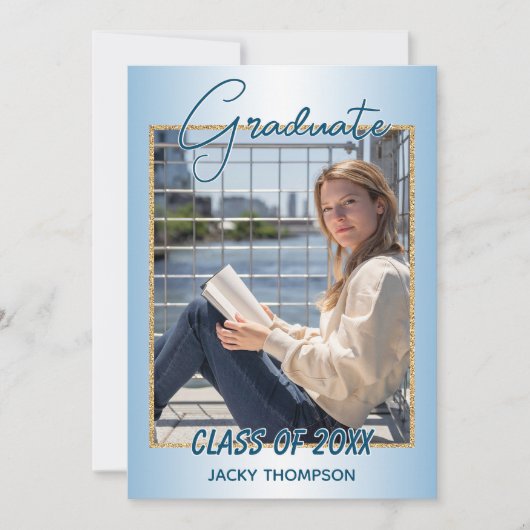 Faux Glossy Light Blue Afstuderen Aankondiging (Voorkant)