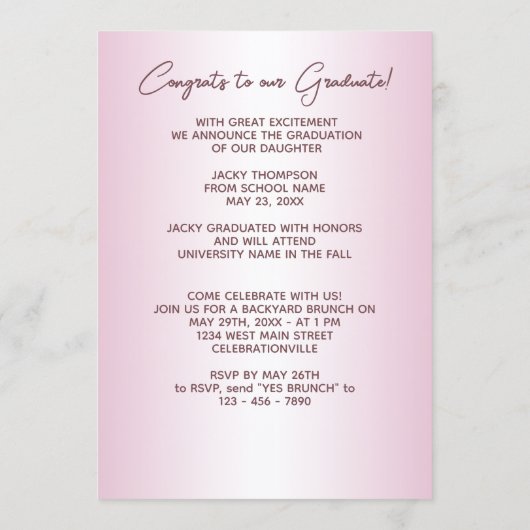 Faux Glossy Pink Gold Glitter Afstuderen Aankondiging (Achterkant)