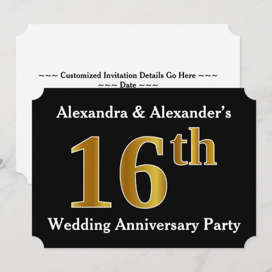 Faux Gold 16th Wedding Jubileum Party Kaart (Voorkant / Achterkant)