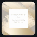 Faux Gold Abstract Swashes op Taupe Vierkante Sticker<br><div class="desc">Elegante en glamoureuze faux gouden abstracte swashes op donkerzilver/taupe achtergrond,  wit blanco label met taupe rand en bewerkbare tekstvelden.</div>