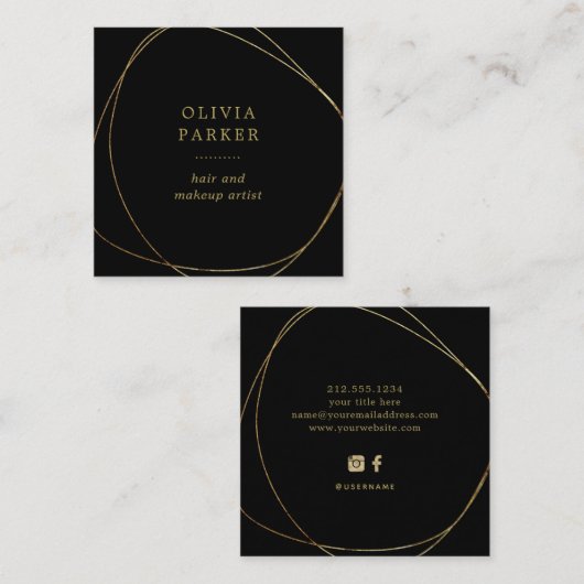 Faux Gold Abstracte Cirkel | Zwart Vierkante Visitekaartje (Voorkant / Achterkant)