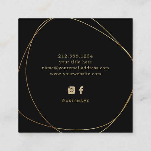 Faux Gold Abstracte Cirkel | Zwart Vierkante Visitekaartje (Achterkant)