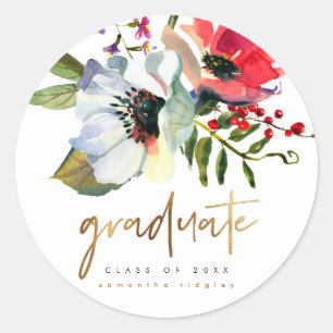Faux Gold Afstuderen Typografie en Naam Floral Ronde Sticker