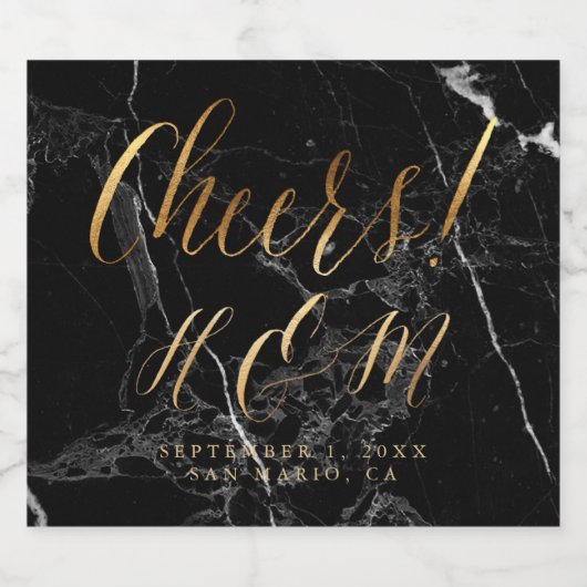 Faux Gold Ampersand, A-Z Monogram zwarte marmer Sparkling Wijnetiket (Enkel label)