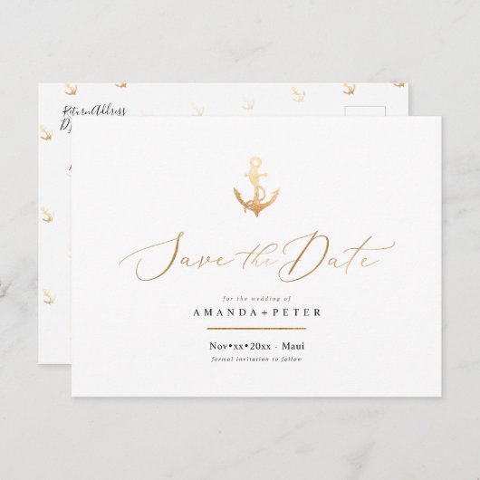 Faux Gold Anchor, Nautical Save the Date Briefkaart (Voorkant / Achterkant)