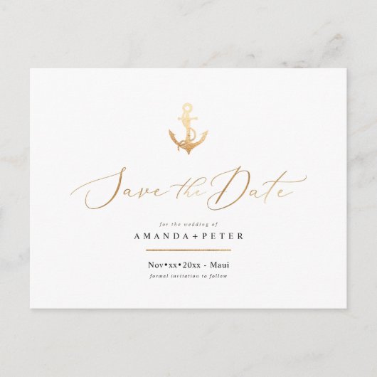Faux Gold Anchor, Nautical Save the Date Briefkaart (Voorkant)