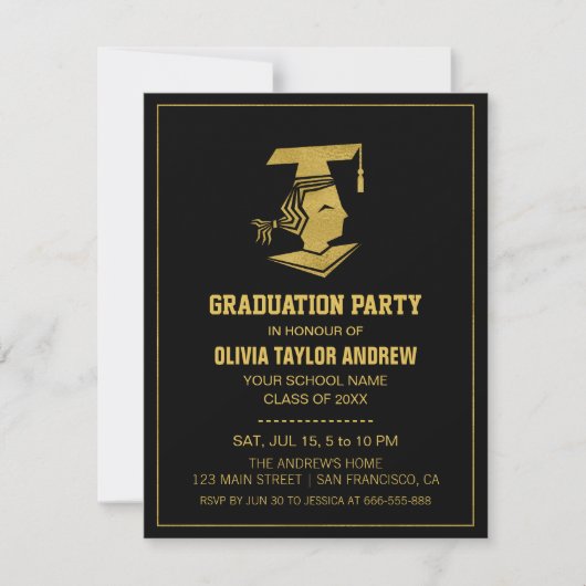 Faux Gold and Black Graduation Party Invitation Kaart (Voorkant)