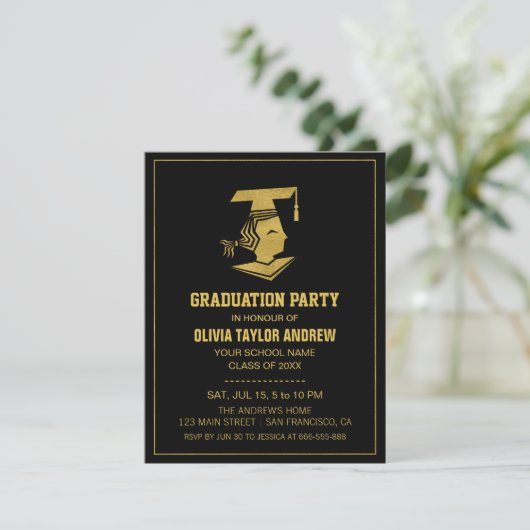 Faux Gold and Black Graduation Party Invitation Kaart (Staand voorkant)