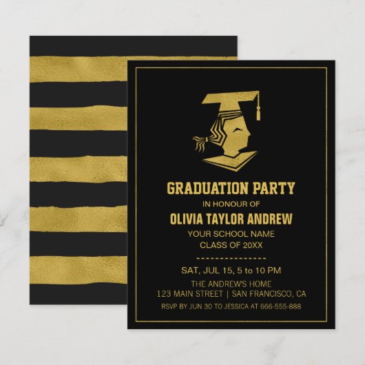 Faux Gold and Black Graduation Party Invitation Kaart (Voorkant / Achterkant)