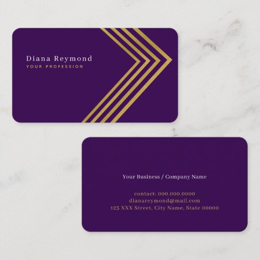 Faux Gold Angle Stripes Modern Paarse Visitekaartje (Voorkant / Achterkant)