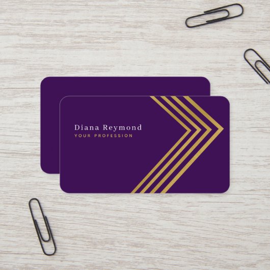 Faux Gold Angle Stripes Modern Paarse Visitekaartje (Voorkant / Achterkant in situ)
