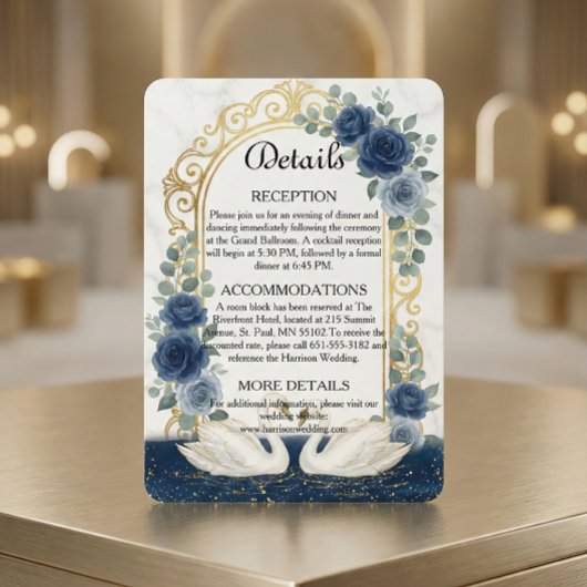 Faux Gold Arch & Marble Navy Blue Floral Informatiekaartje