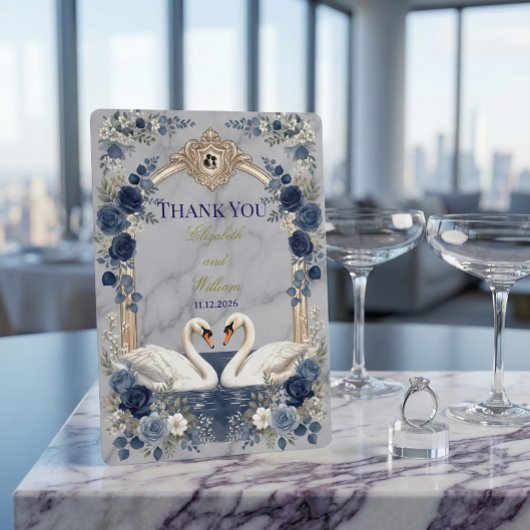 Faux Gold Arch Navy Blue Swan Marble Effect Bedankkaart