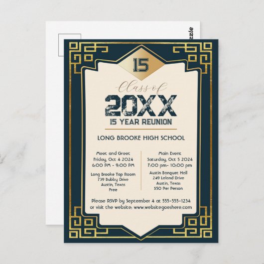 Faux Gold Art Deco 15 Jaar High School Reunion Briefkaart (Voorkant / Achterkant)