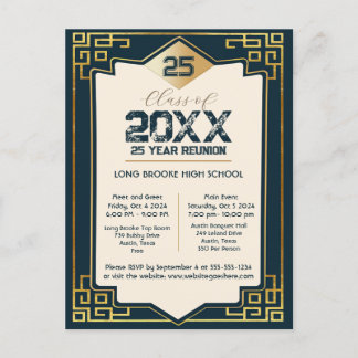 Faux Gold Art Deco 25 Jaar High School Reunion Briefkaart