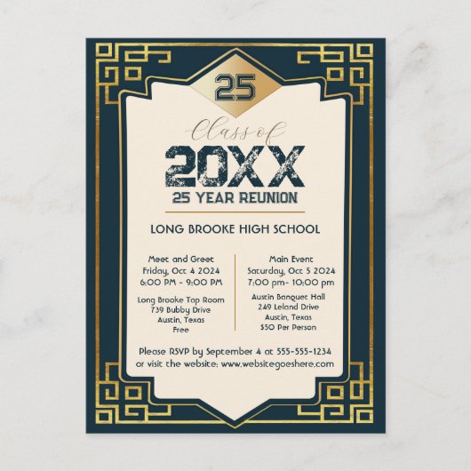 Faux Gold Art Deco 25 Jaar High School Reunion Briefkaart (Voorkant)