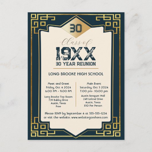 Faux Gold Art Deco 30 Jaar High School Reunion Briefkaart (Voorkant)
