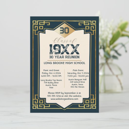 Faux Gold Art Deco 30 Jaar High School Reunion Kaart (Staand voorkant)