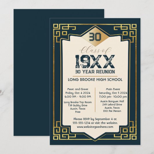 Faux Gold Art Deco 30 Jaar High School Reunion Kaart (Voorkant / Achterkant)
