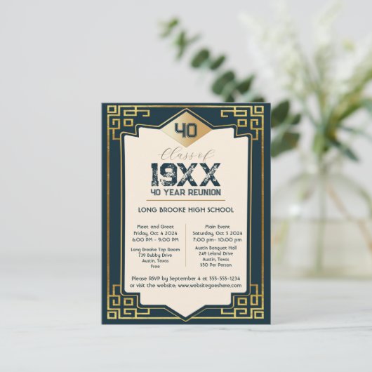 Faux Gold Art Deco 40 Jaar High School Reunion Briefkaart (Staand voorkant)