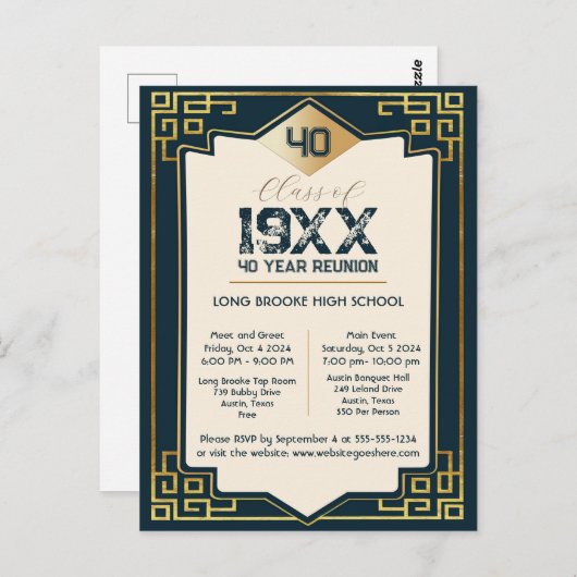 Faux Gold Art Deco 40 Jaar High School Reunion Briefkaart (Voorkant / Achterkant)