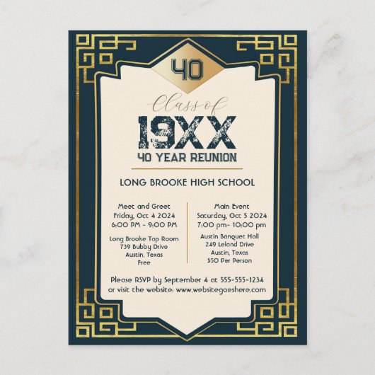 Faux Gold Art Deco 40 Jaar High School Reunion Briefkaart (Voorkant)