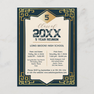 Faux Gold Art Deco 5 jaar High School Reunion Briefkaart